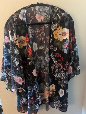 Black Sheer Floral Kimono Cardigan - Multicolor Flowers